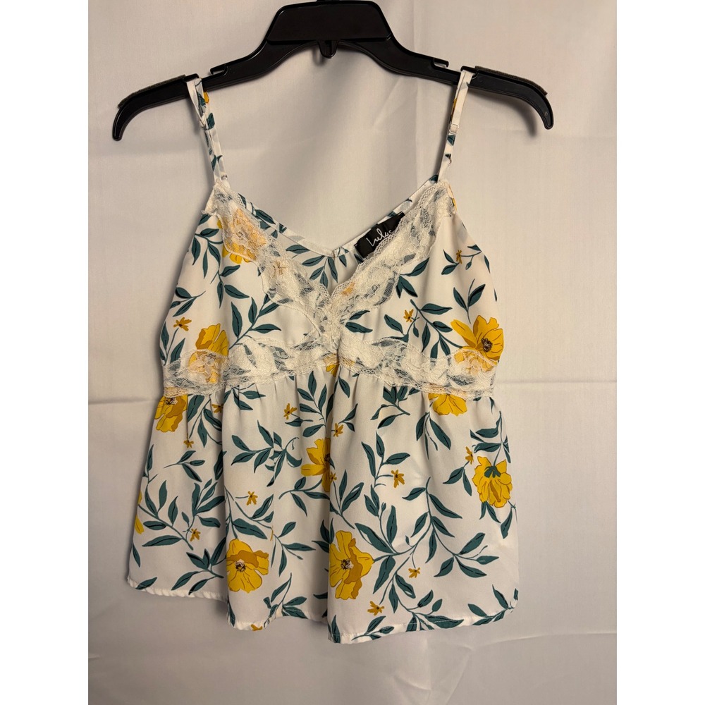 Lulus Floral Lace Trim Camisole Top Yellow White Green DE222T Womens Small